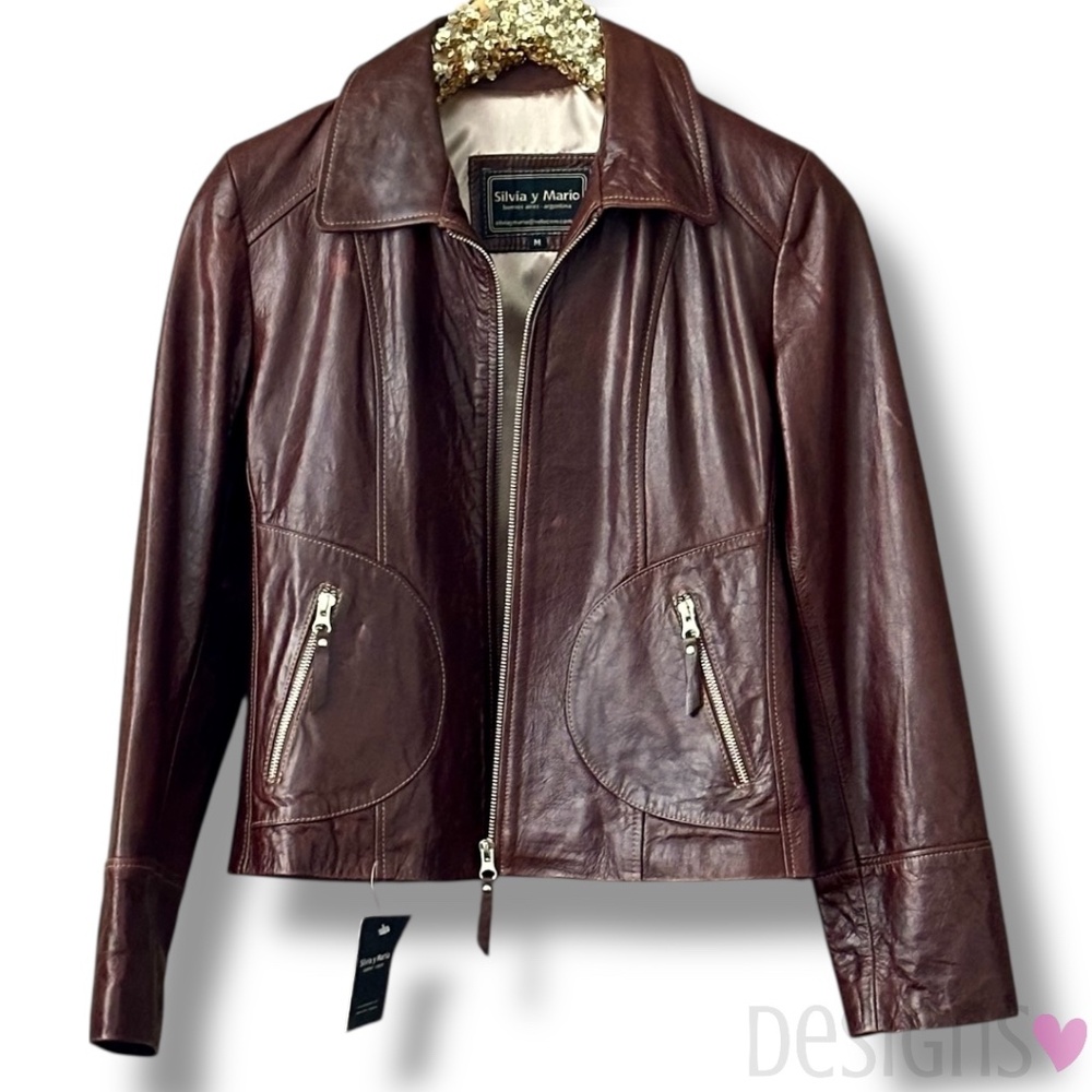 Silvia Y Mario Leather Jacket Brown Cognac Argentinian Leather NWT